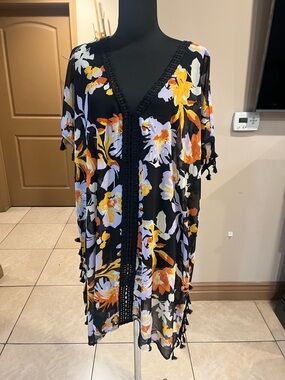 Black Floral V-Neck Swim Coverup with Yellow & Orange Blooms